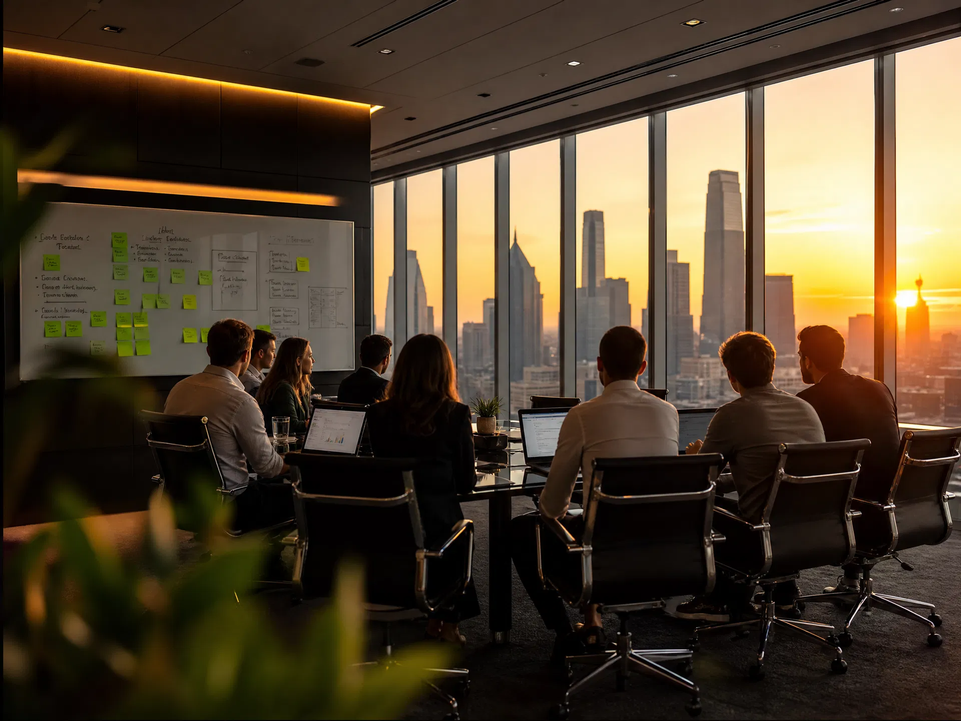 A team working through a plan together in a conference room at sunset